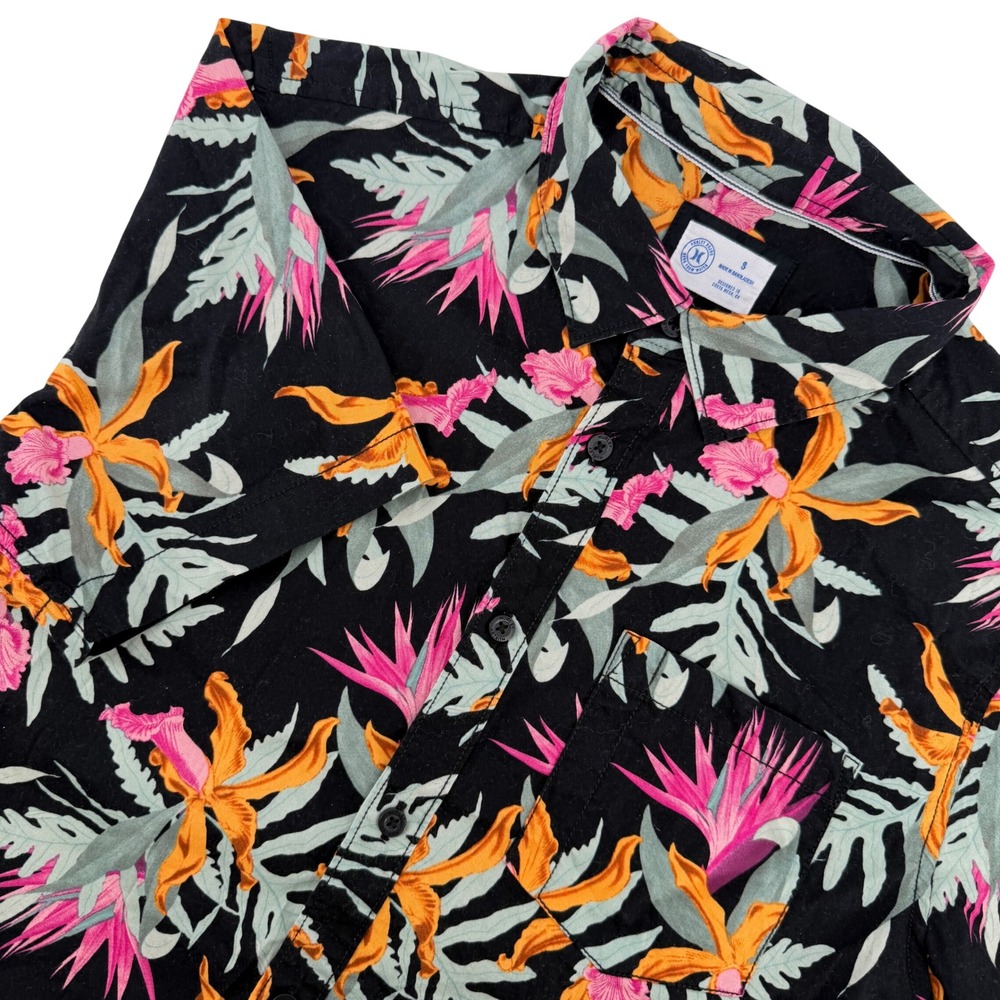 Hurley Tropical Floral Button Down Shirt Mens Small Black Pink Hawaiian Surf Sun